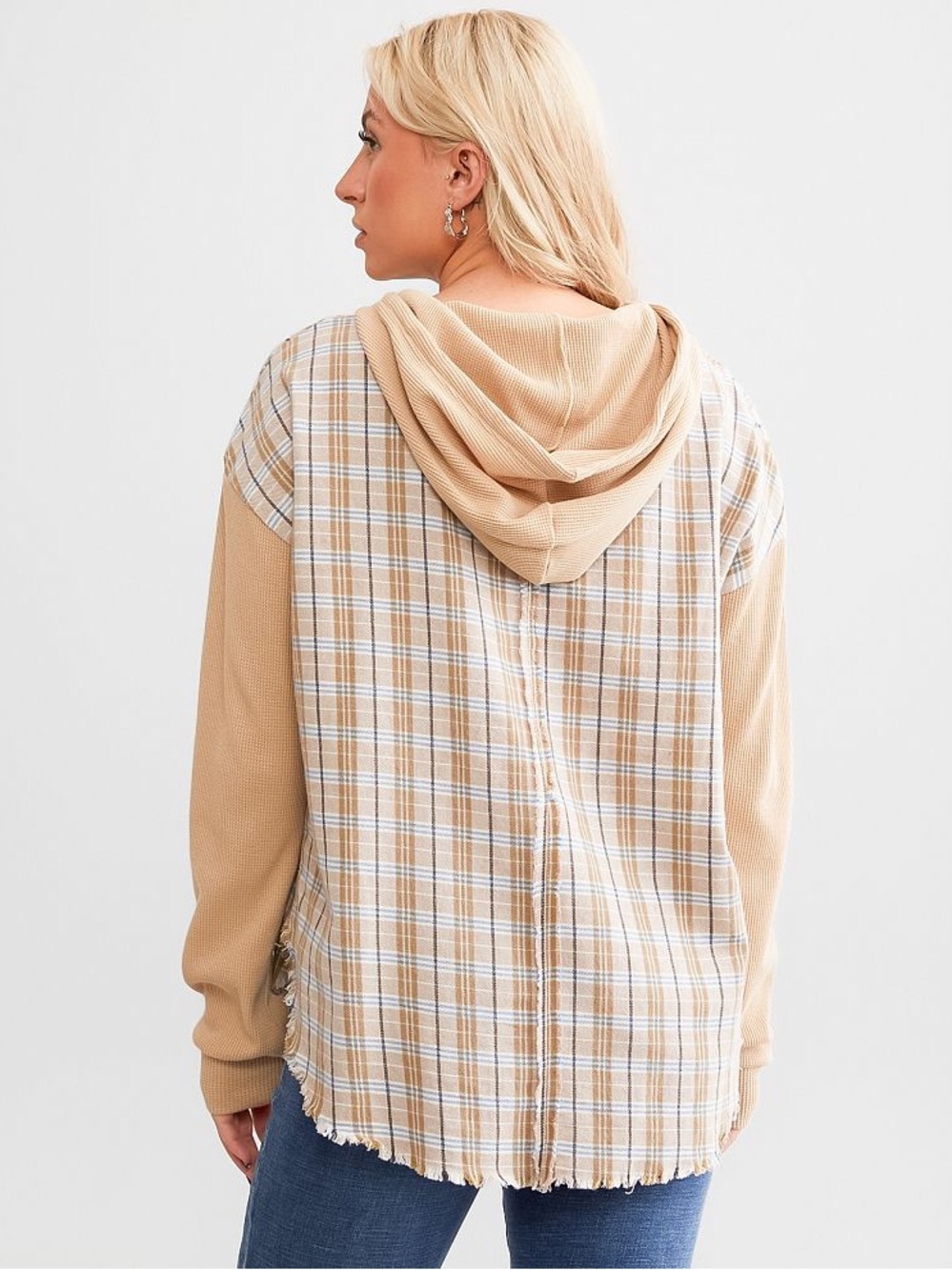 BKE |  Buckle Tan Plaid Crewneck Hoodie w/kangaroo Pocket Sz L - Picture 4 of 11